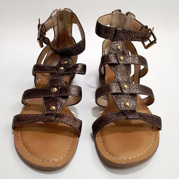 MARC FISHER Gladiator Sandals in Metallic Bronze Glitter with Gold Hardware - Picture 2 of 12